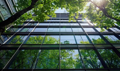 Wall Mural - Eco-friendly sustainable building with green environment. glass office building with trees for reducing carbon dioxide. reduce CO2. generative AI 