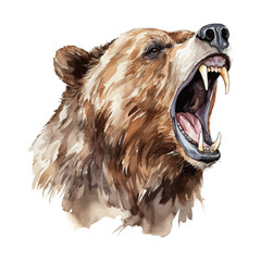 Roaring bear cartoon in watercolor painting style