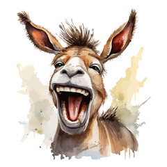 cute funny donkey laughing in watercolor painting style