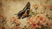 Antique Butterfly. Vintage Image Of A Butterfly On A Flower With The Feel Of Aged Paper