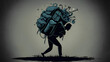 Silhouette of a man carrying a heavy backpack The backpack represents the burden and weight that anxiety can impose. Anxiety conceptual illustration.
