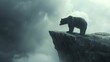 Bear on cliff gazes at steep chart, stormy sky, pondering risk aversion and market hurdles.