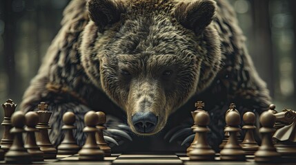 Wall Mural - Bear with eyes on a chessboard, contemplating moves amid falling chess pieces representing stocks, against a background of fading financial growth.