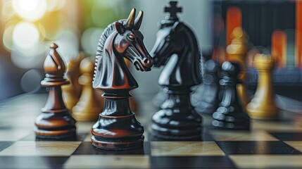 Wall Mural - Bulls and bears in a chess match on a board, the bull making strategic moves amid financial charts, symbolizing market tactics.