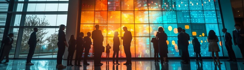 Wall Mural - A bustling corporate lobby with business professionals networking, exchanging ideas beside a digital interactive wall displaying real-time market analytics