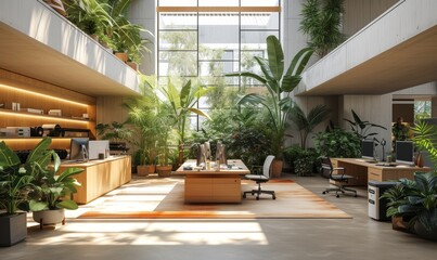 Wall Mural - An eco-friendly office interior designed with biophilic elements, featuring a spacious open-plan workspace with living walls, natural light