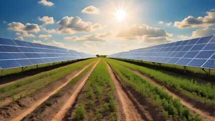 Wall Mural - a Field Lined with Solar Panels, Absorbing Sunlight and Generating Clean Energy, Creating a Sustainable Oasis in the Landscape and Demonstrating the Power of Solar Technology in Mitigating Climate Cha