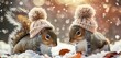 Adorable squirrels donning knitted hats, frolicking in freshly fallen snow on a serene winter morning. Pure enchantment captured.