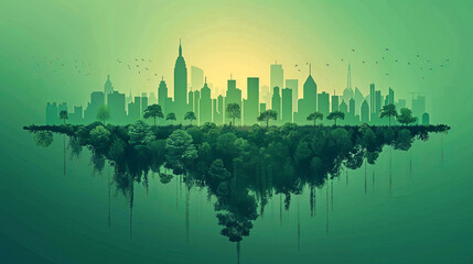 Conceptual artwork of a city skyline blending seamlessly into a lush forest, symbolizing urban and natural harmony.