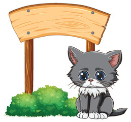 Poster - Adorable grey kitten sitting under a blank sign