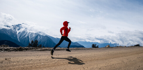 Wall Mural - Woman trail runner cross country running at high altitude mountains