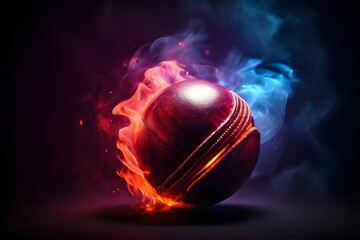 Macro shot of flying cricket leather ball through the air with fire and smoke on neon background. Red stitched cricket ball spins and bounces transition. World Cricket Day April 24 