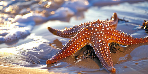 Wall Mural - beautiful starfish, resting on the rocks of an ocean beach, generative AI