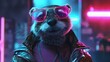 Cute Cyberpunk Otter in Vibrant Neon-Lit Cityscape: A Futuristic Fashion Statement