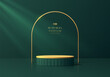 3D podium background dark green and golden cylinder pedestal with golden arch frame wall scene. Platforms mockup or product display presentation. Abstract composition in minimal design. Stage showcase