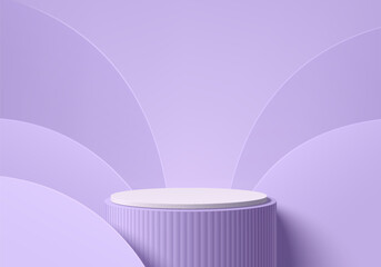 Wall Mural - 3d purple background with realistic white cylinder stand podium and overlap curve wall scene. pastel