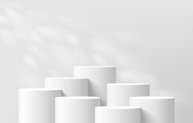 Wall Mural - 3d background with set of realistic white cylinder podium pedestal and natural leaf light scene. abs