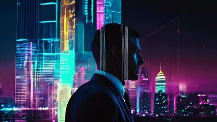 Wall Mural - Silhouette of a man illuminated by the neon lights of a futuristic city.
