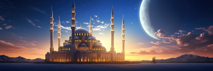 Wall Mural - Mosque sunset sky, moon, holy night, islamic night and silhouette mosque, islamic wallpaper