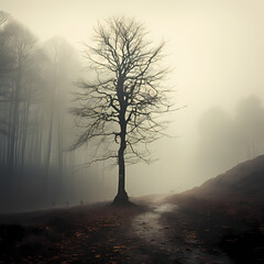 Poster - A lone tree in a foggy forest.