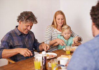 Sticker - Couple, child and home for breakfast with guest on happiness in morning for bonding with conversation, support and care. Family, parents and meal to eat with coffee, table and enjoy together.