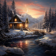 Wall Mural - A snowy winter scene with a cozy cabin. 