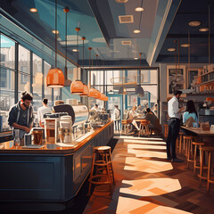 Canvas Print - A stylish interior of a coffee shop with baristas 