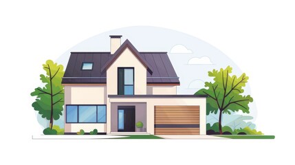 Wall Mural - Residential home facade. House construction with garage, windows, house architecture. Flat modern illustration isolated on white.