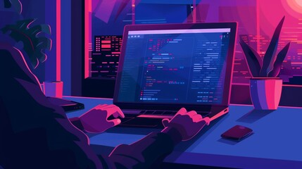 a clipart illustration showing hands working on a laptop at a desk. a programmer working at their de