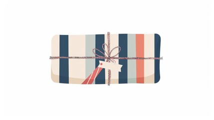 Wall Mural - The gift is wrapped in striped paper with a string and tag. No labels are attached. The package has a cylinder shape, modern design, flat modern illustration isolated on white.