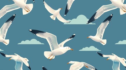 Wall Mural - A seamless pattern of flying seagulls, endless background design, repeating print. A flat modern illustration for textiles, fabrics, wallpaper, and wrapping.