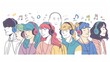 In this illustration, people are listening to music with headphones. It has been drawn in a hand drawn style and modernized.