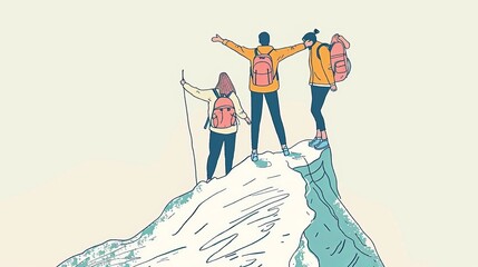 Wall Mural - The image shows a man and the woman climbing up a mountain, stretching their arms backwards and looking back at each other. This is a hand drawn style modern design illustration.