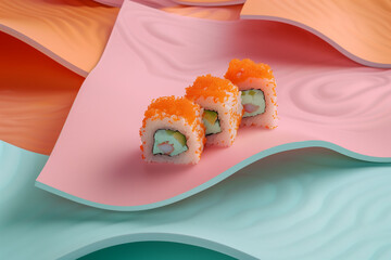 Canvas Print - Minimalist sushi california presentation on pastel background