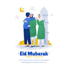 Wall Mural - Muslims hugging forgiveness tradition celebrate Eid illustration