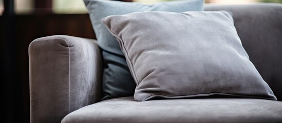 Sticker - A close up of a grey couch with two pillows on it, resembling automotive tires on flooring in a building. The comfort of the couch is like resting your human leg and thigh on a soft auto part