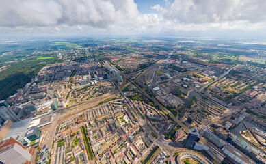 The Hague, Netherlands. Panorama of the summer city in clouds weather. HEAD OVER SHOT. Aerial view