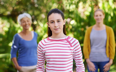 Sticker - Girl, mother and grandmother in portrait in park with smile, generations and outdoor bonding in nature together. Women, family and face of teen in garden with summer, weekend and trees in backyard