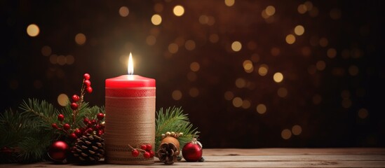 Poster - A magenta candle sits on a wooden table surrounded by Christmas decorations. The flickering flame illuminates the room, casting tints and shades on the walls