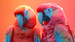 Two scarlet macaws close-up with one looking at the camera. Vibrant studio portrait with red and blue hues. Exotic birds and wildlife concept. Design for banner, poster, wallpaper. Copy space