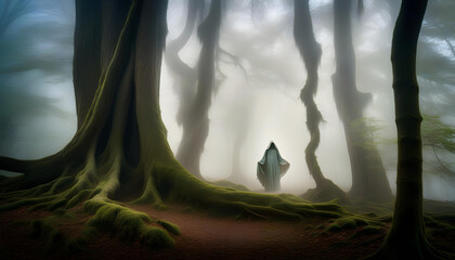 Wall Mural - A ghostly figure in a misty forest with twisted trees and dancing shadows