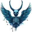 Mythical blue demon winged skeleton with horns, halloween concept. Illustration for sticker or logo. PNG transparent
