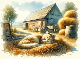 Watercolor painting of a Cat Sleeping on a Farm in the Countryside