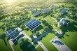 Eco city with wind turbines and green meadows. 3D rendering, Aerial view of a sustainable city with solar panels, wind turbines, and green roofs