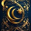 Golden Islamic star and crescent moon on dark blue background. Ramadan Kareem banner template. 