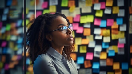 Wall Mural - A leader, African-American woman, a businesswoman, planning and writing down goals and objectives, standing near a wall with colorful stickers in the office. Brainstorming, New Ideas, teamwork concept