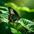 Butterfly on green leaves nature wallpaper peaceful eco background with shallow focus 