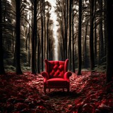 Fototapeta  - Red armchair in the middle of the forest. Generative AI  