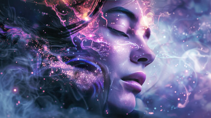 Wall Mural - The face of a dreamy girl in purple colors, dream and meditation concept