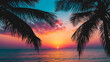 .A beach-themed banner with a peaceful sunset and silhouettes of palm trees